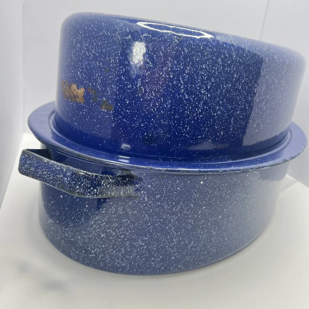 Antique Blue Speckled Enamelware Roasting Pan High Dome Lid Deep Form Farmhouse